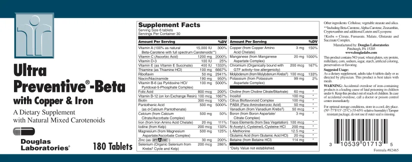 Label for Ultra Preventive-Beta With Copper & Iron With Natural Mixed Carotenoids