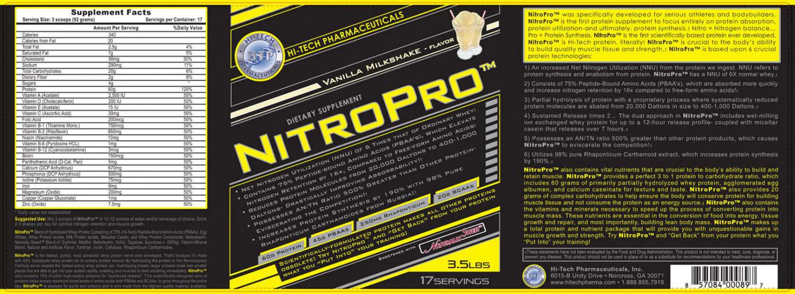 Label for NitroPro Vanilla Milkshake - Flavor
