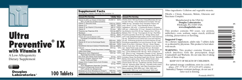 Label for Ultra Preventive IX With Vitamin K