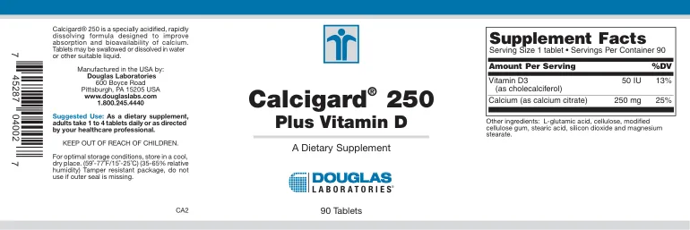 Label for Calcigard 250 Plus Vitamin D