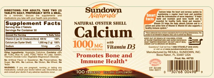 Label for Calcium 1000 mg with Vitamin D3
