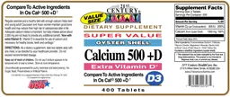 Label for Oyster Shell Calcium 500 +D Extra Vitamin D Value Size