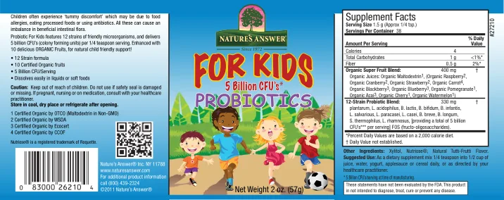 Label for For Kids 5 Billion CFU's Probiotics