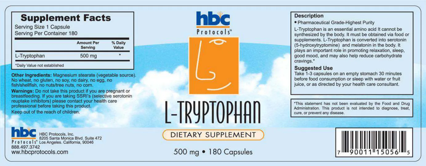 Label for L-Tryptophan 500 mg