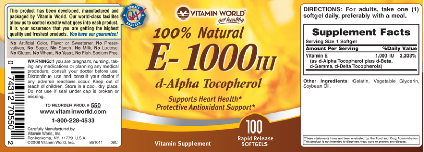 Label for 100% Natural E-1000 IU
