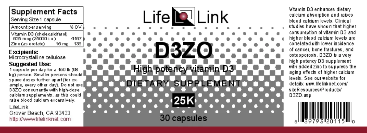 Label for D3ZO High Potency Vitamin D3 25K