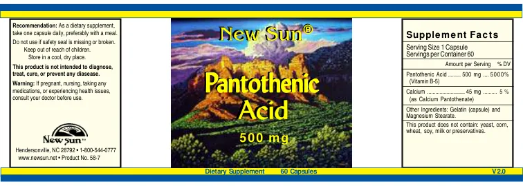 Label for Pantothenic Acid 500 mg