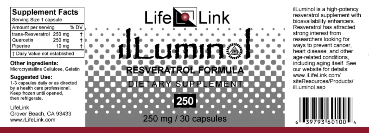 Label for ilLuminol Reservatrol Formula 250