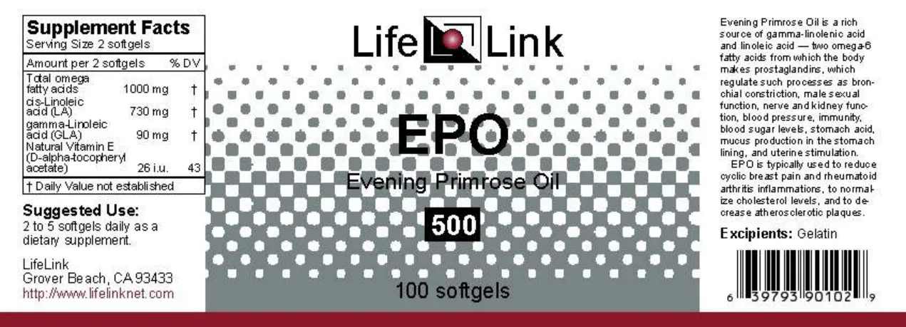Label for EPO Evening Primrose Oil 500