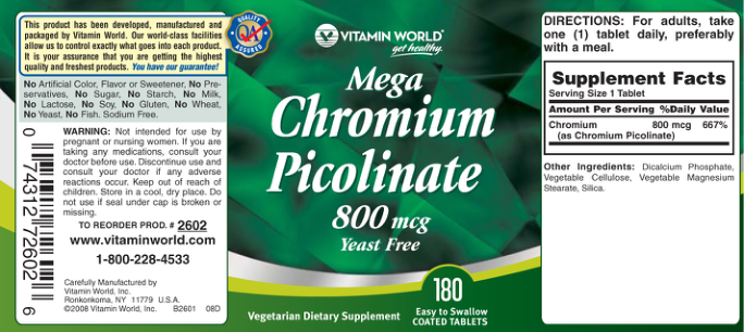 Label for Mega Chromium Picolinate 800 mcg