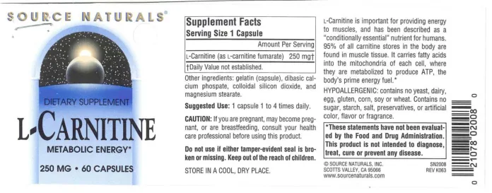 Label for L-Carnitine 250 mg
