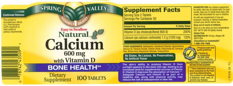 Label for Calcium 600 mg With Vitamin D