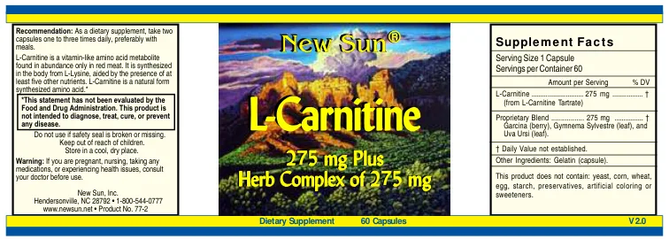 Label for L-Carnitine 275 mg Plus Herb Complex of 275 mg