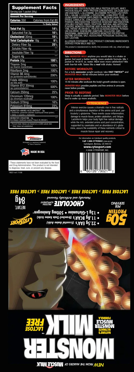 Label for Monster Milk Lactose Free Chocolate