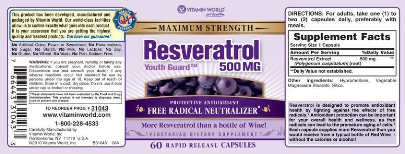 Maximum Strength Resveratrol Youth Guard 500 mg