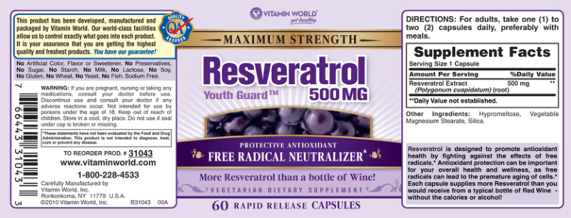 Label for Maximum Strength Resveratrol Youth Guard 500 mg
