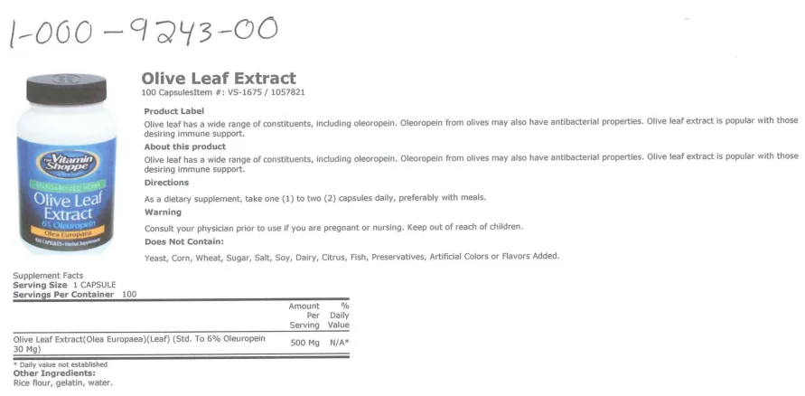Label for Olive Leaf Extract