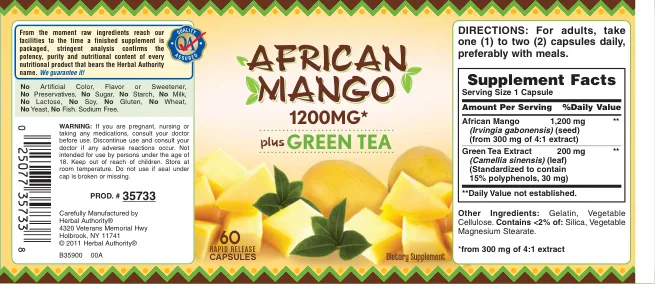 Label for African Mango 1200 mg Plus Green Tea