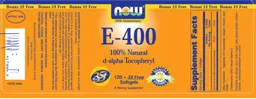 Label for E-400 100% Natural D-Alpha Tocopheryl