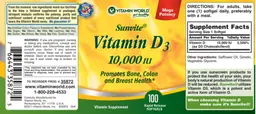 Label for Sunvite Vitamin D3 10,000 IU