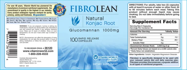 Label for FibroLean Natural Konjac Root Glucomannan 1000 mg