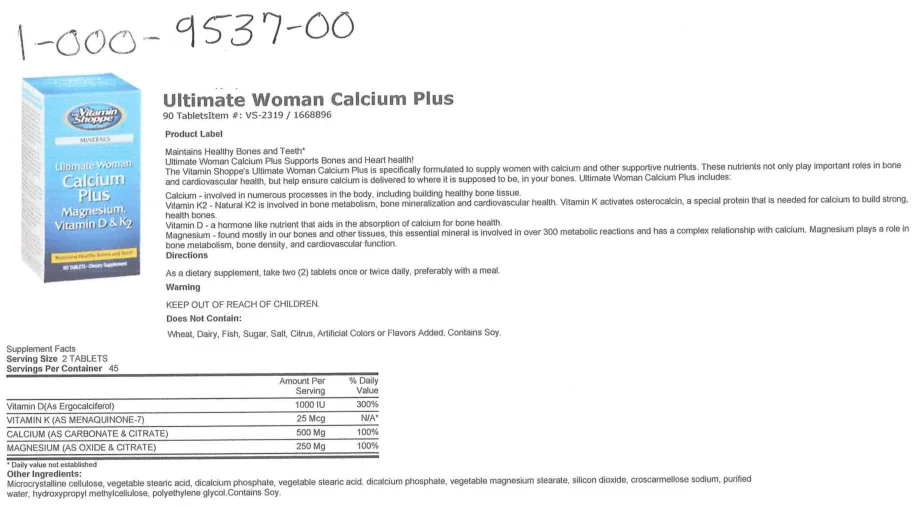 Label for Ultimate Woman Calcium Plus Magnesium, Vitamin D & K2