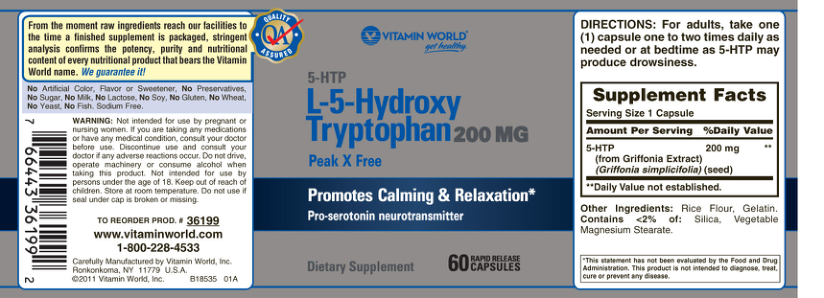 Label for 5-HTP L-5-Hydroxy Tryptophan 200 mg