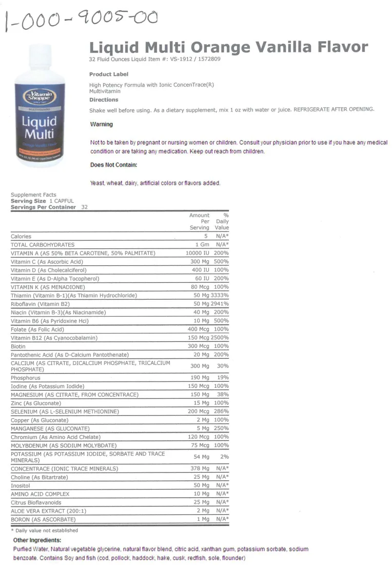 Label for Liquid Multi Orange Vanilla Flavor