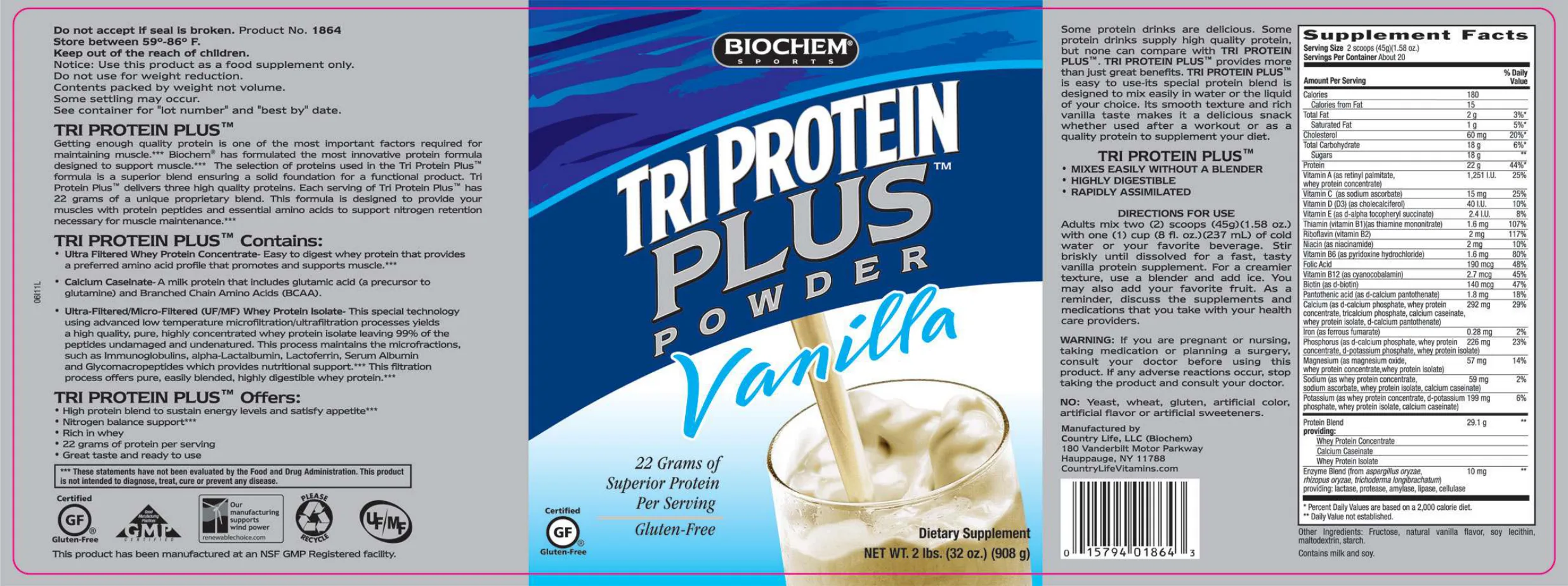 Label for Tri Protein Plus Powder Vanilla