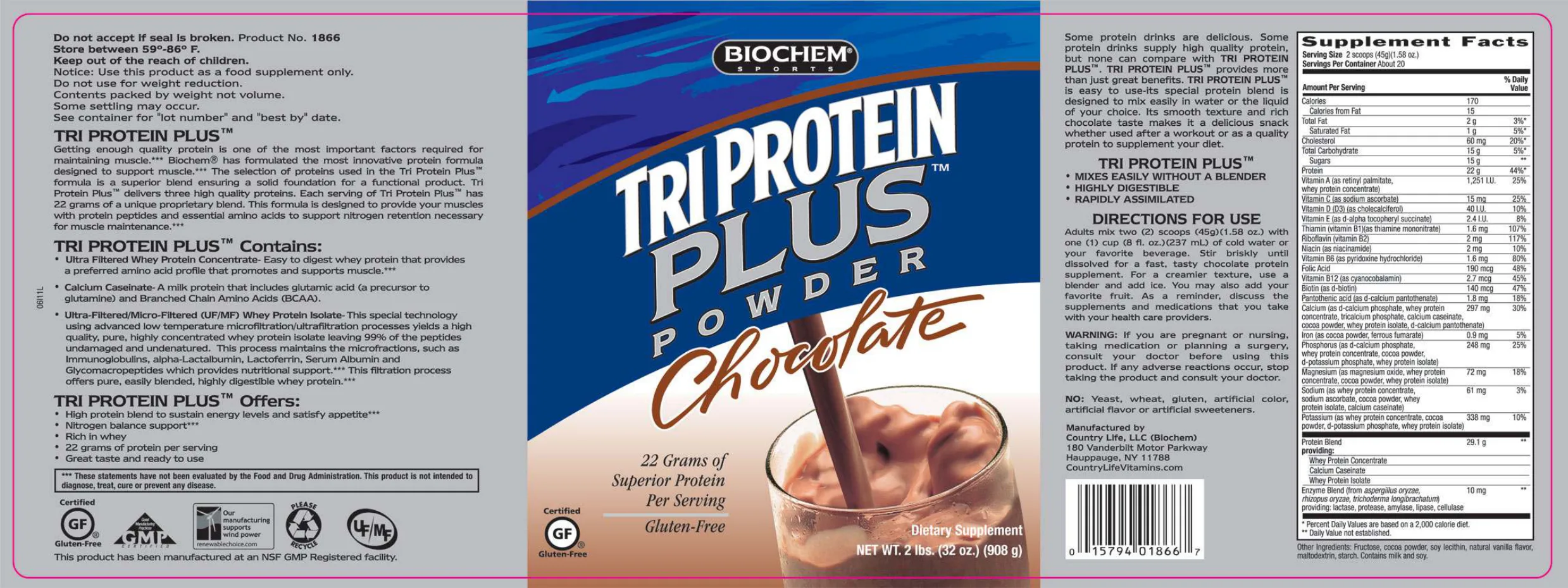 Label for Tri Protein Plus Powder Chocolate