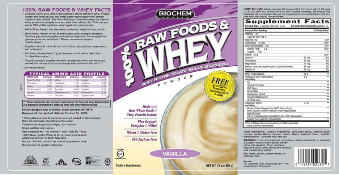 Label for 100% Raw Foods & Whey Powder Vanilla