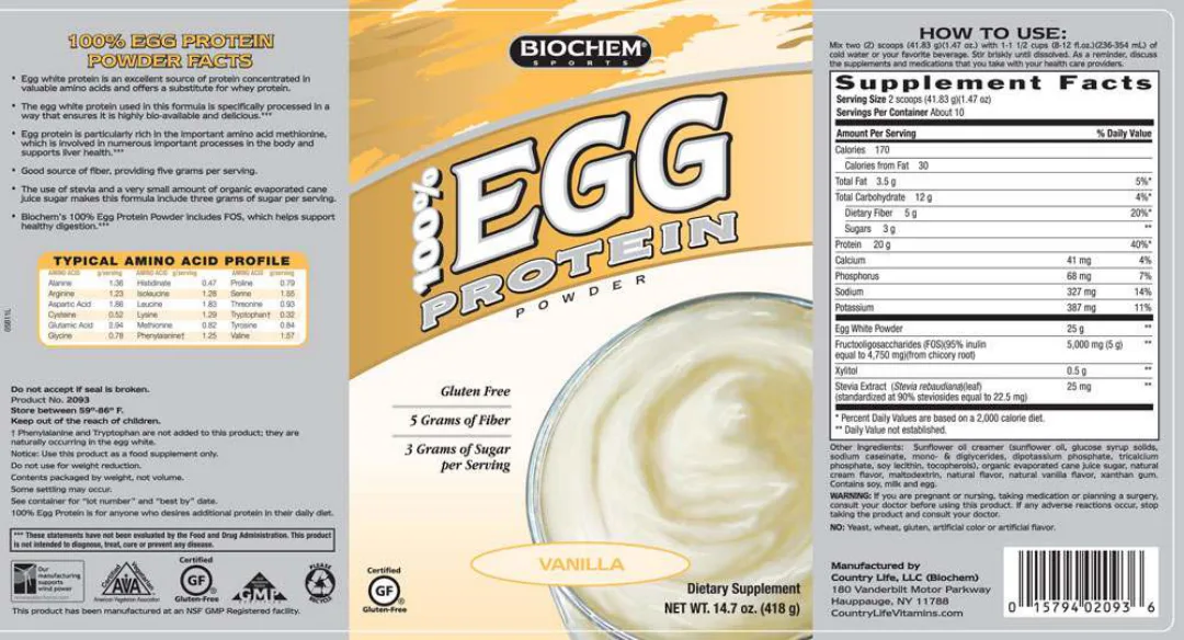 Label for 100% Egg Protein Powder Vanilla