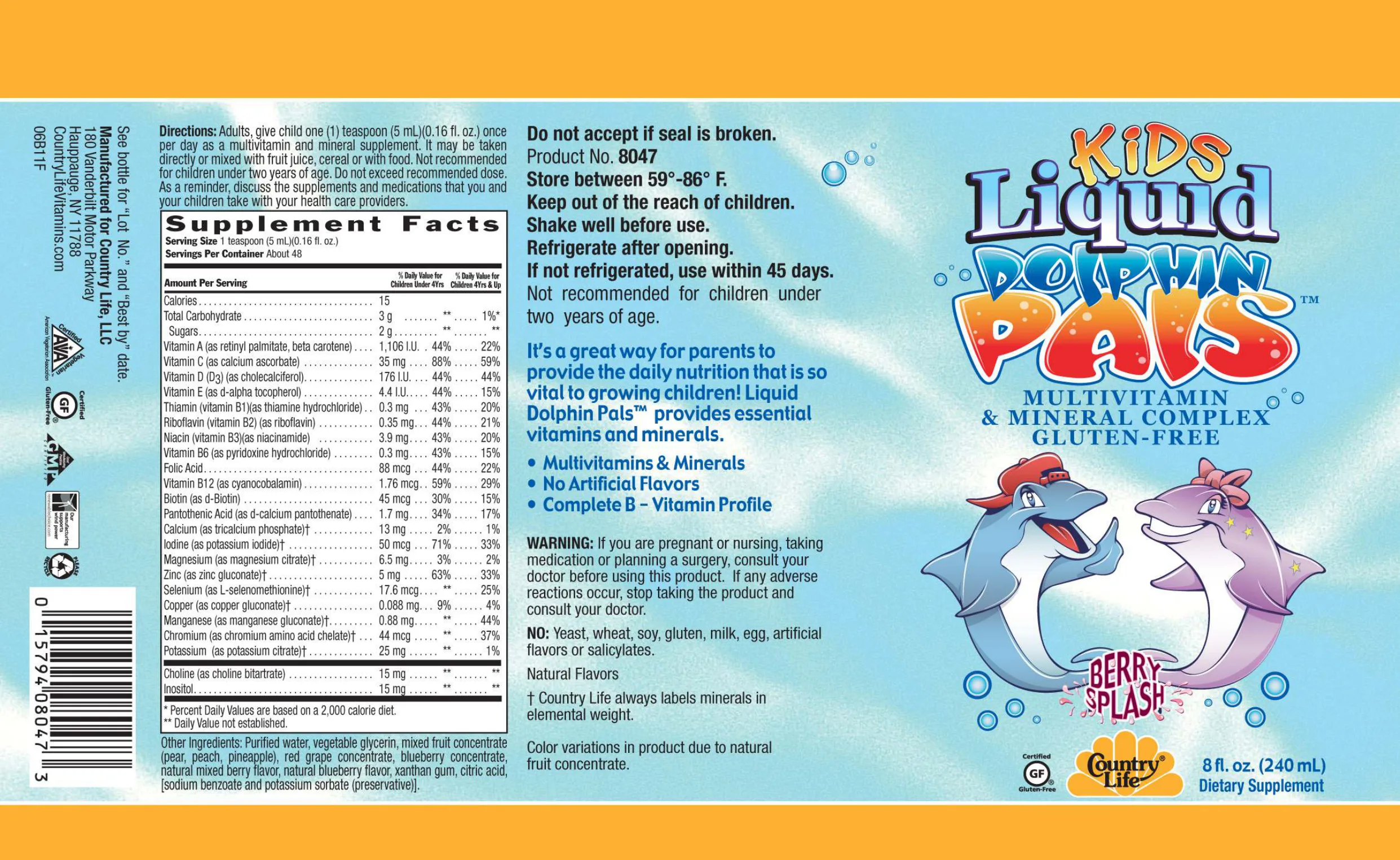 Label for Kids Liquid Dolphin Pals Multivitamin & Mineral Complex Berry Splash
