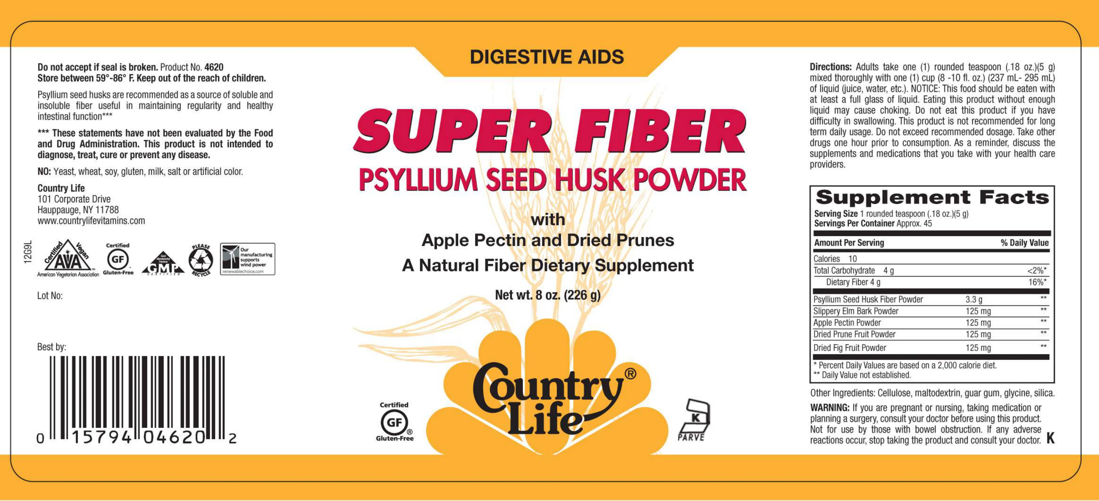 Label for Super Fiber Psyllium Seed Husk Powder With Apple Pectin And Dried Prunes