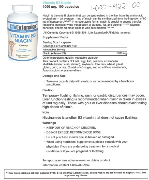 Label for Vitamin B3 Niacin 1000 mg