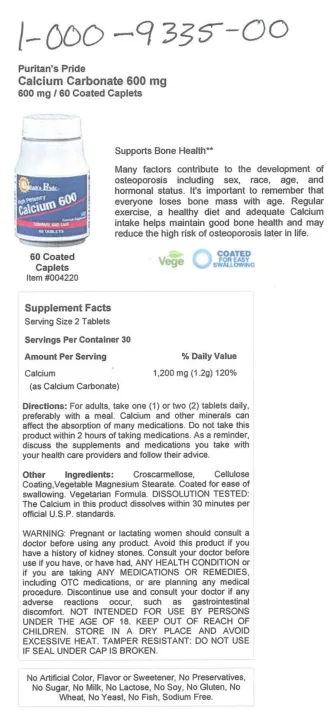 Label for High Potency Calcium 600