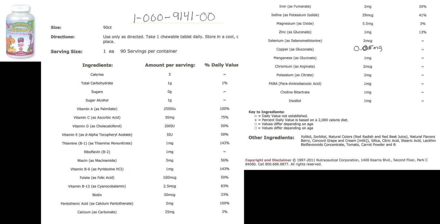 Label for MultiSaurus Vitamins & Minerals Mixed Berry