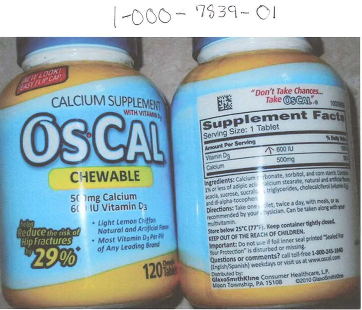 Label for Os-Cal Chewable Vitamin D3 500 mg Calcium 600 IU Vitamin D3