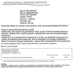 Label for Vitamin B-5 (Pantothenic Acid) 500 mg