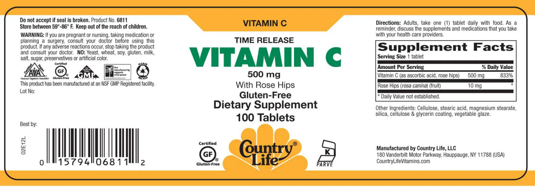 Label for Time Release Vitamin C 500 mg With Rose Hips