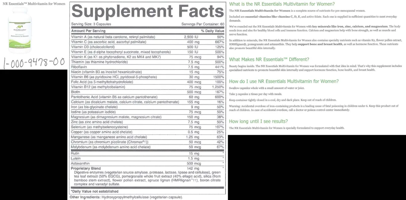 Label for NR Essentials Multivitamin For Women