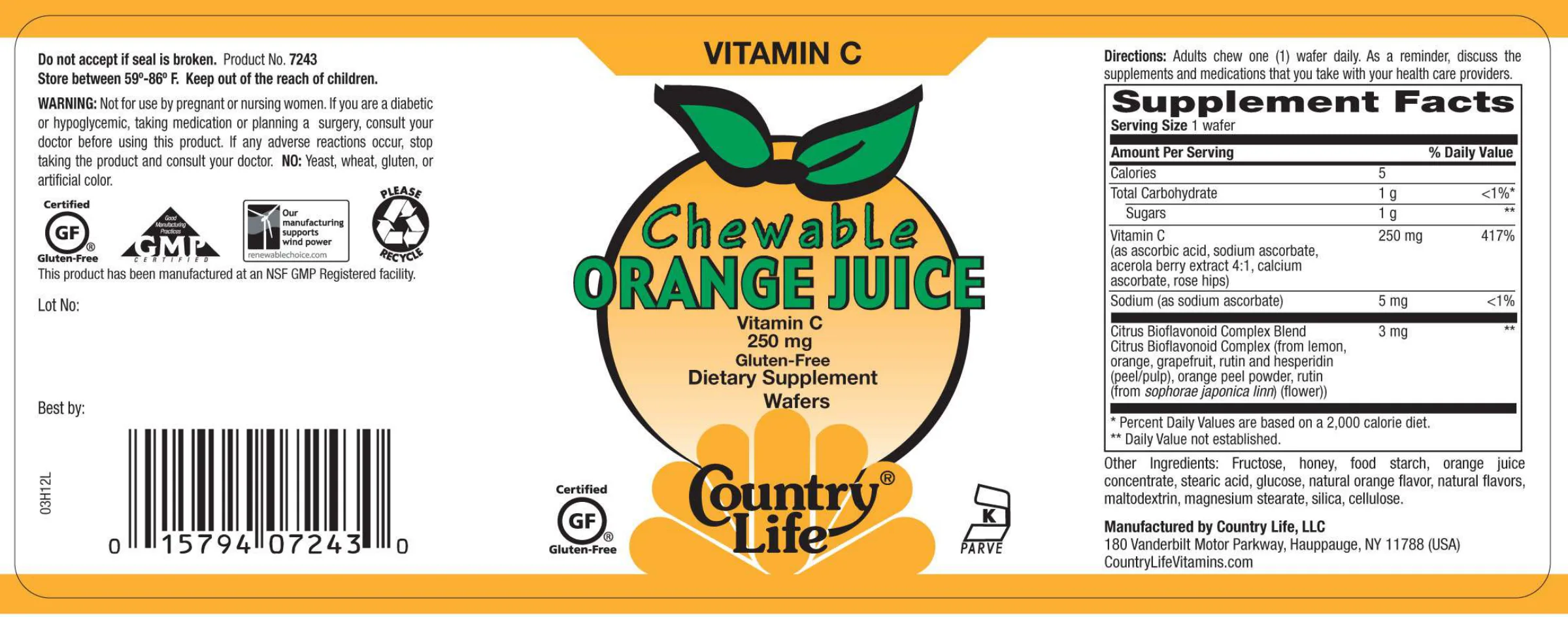 Label for Chewable Orange Juice Vitamin C 250 mg