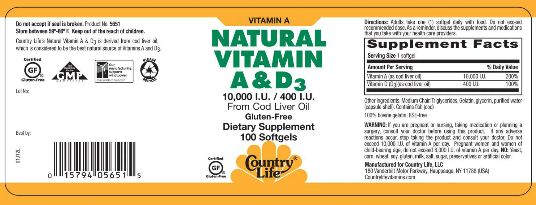 Label for Natural Vitamin A & D3 10,000 IU/400 IU