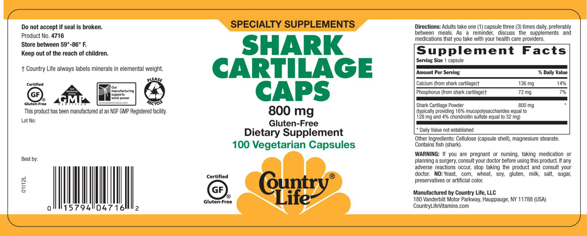 Label for Shark Cartilage Caps 800 mg