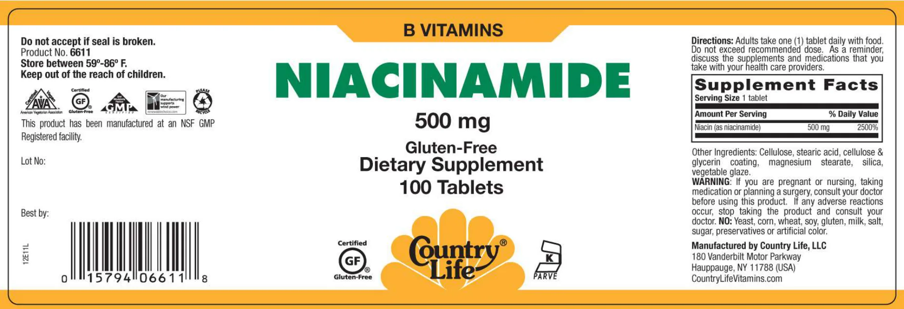 Label for Niacinamide 500 mg