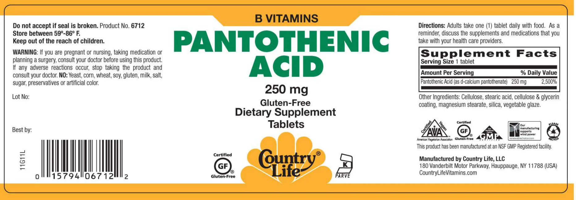 Label for Pantothenic Acid 250 mg