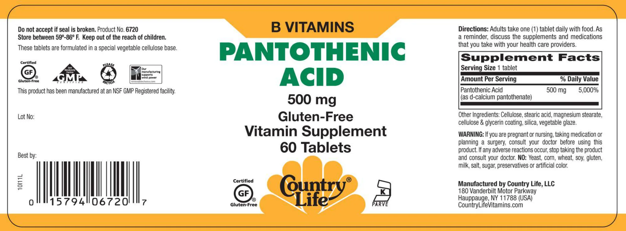 Label for Pantothenic Acid 500 mg