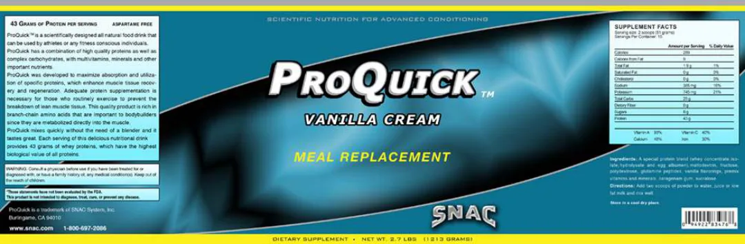 Label for ProQuick Vanilla Cream