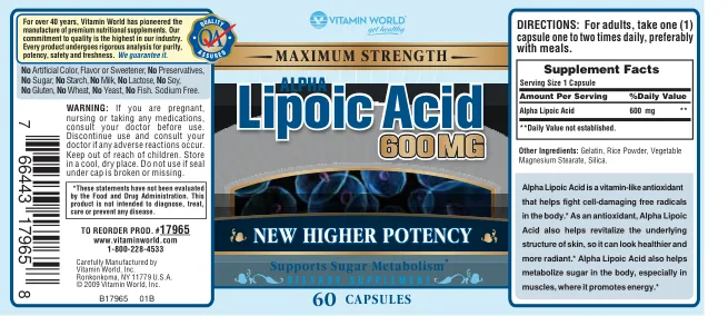 Label for Maximum Strength Alpha Lipoic Acid 600 mg
