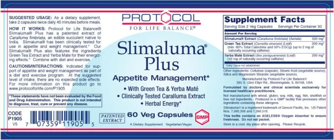 Label for Slimaluma Plus Appetite Management